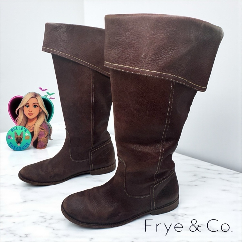 Frye Paige Womens‎ 9 Riding Brown Leather Knee High Fold Down Boots 77061-4003